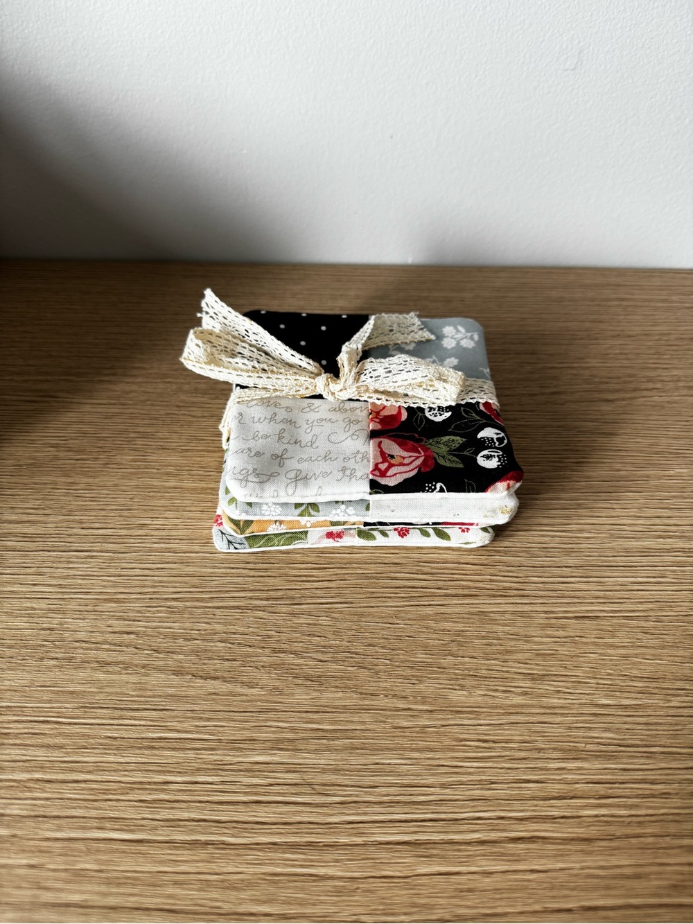 Handmade Floral Cotton Coasters - Cream, Black, Red